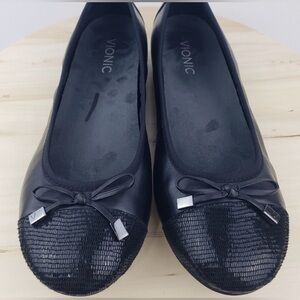 Vionic Minna Women's Ballet Flats Black Size 10 Leather Bow Comfort Shoes